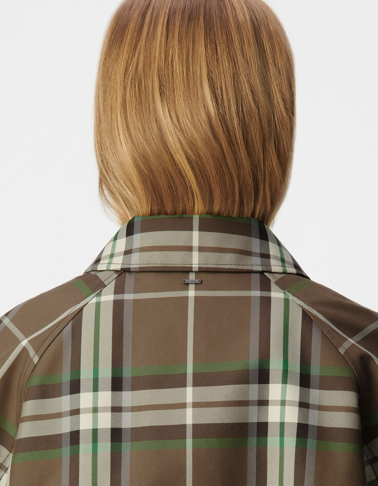 Women&rsquo;s khaki check long trench coat with detachable hood-5