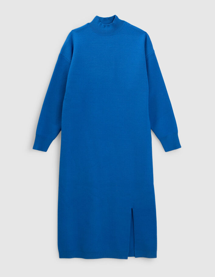 Robe bleue fendue tricot à col montant fille-3