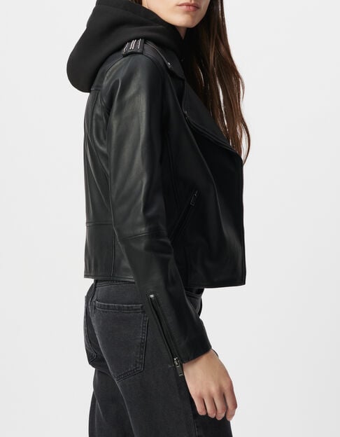 Zwart leren bikerjack met afneembare capuchon Dames - IKKS