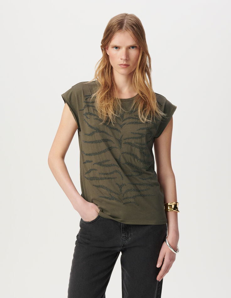 Tee-shirt col rond kaki broderies perles-3