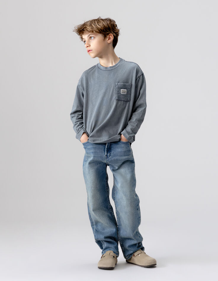Blauw T-shirt lange mouwen biokatoen tricot zak jongens-2