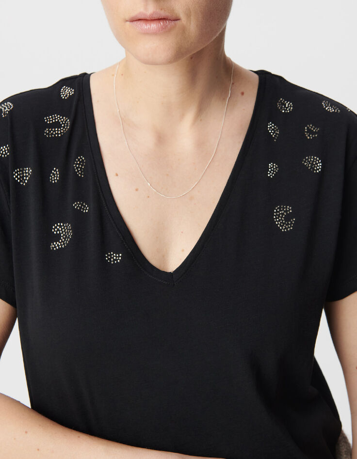 Camiseta caqui de algod&oacute;n org&aacute;nico con micro tachuelas y estampado de leopardo para mujer-4
