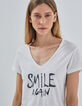 Gebroken wit T-shirt gevlamd katoen, glittertekst dames-2