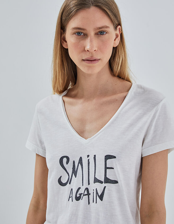 Gebroken wit T-shirt gevlamd katoen, glittertekst dames-2