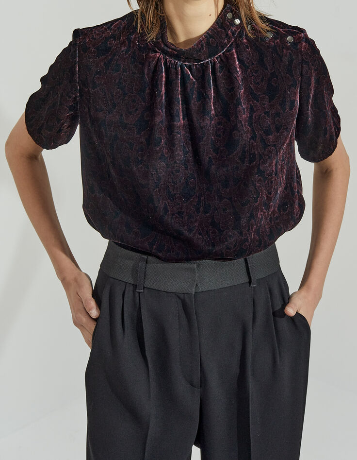 Women’s baroque print velvet funnel neck top-2