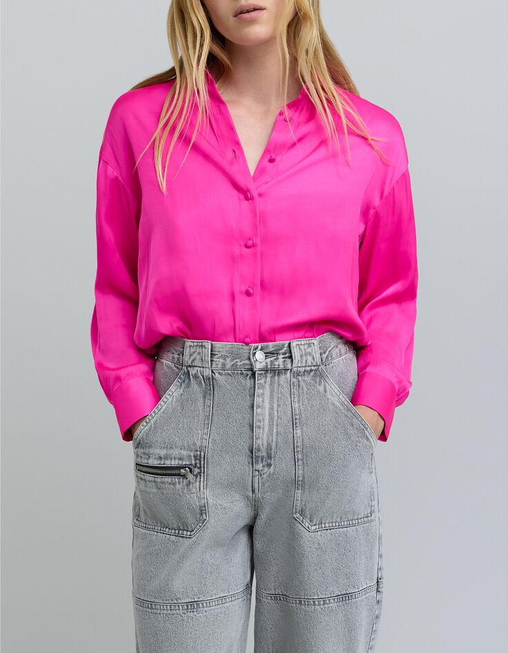 Chemise fuchsia satinée froissée Femme-5