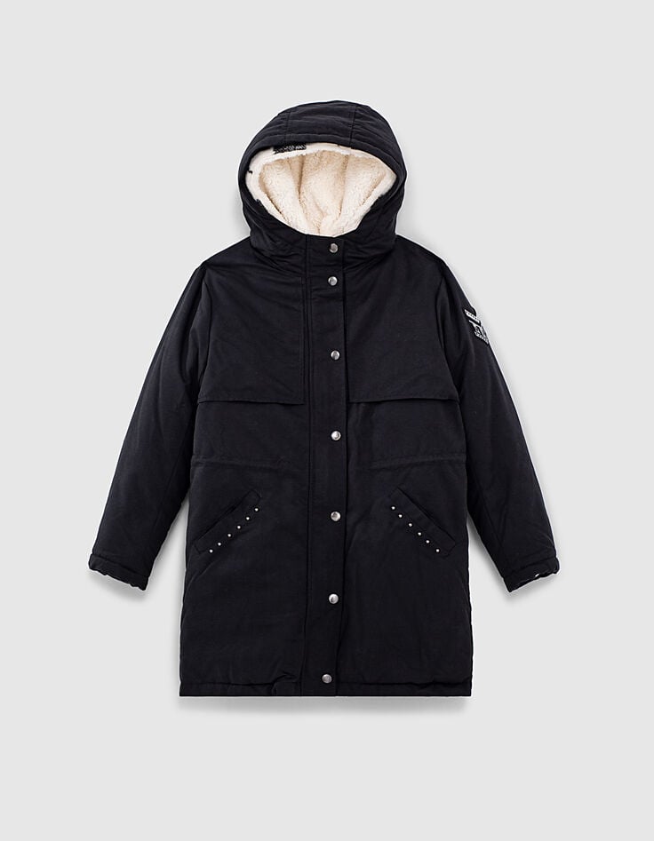 Schwarzer 3-in-1-M&auml;dchenparka und Wendeoberhemd mit Karos-1