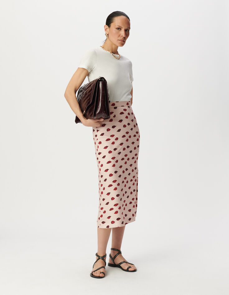 Rosa Damen-Midirock Satin Mundprint-1