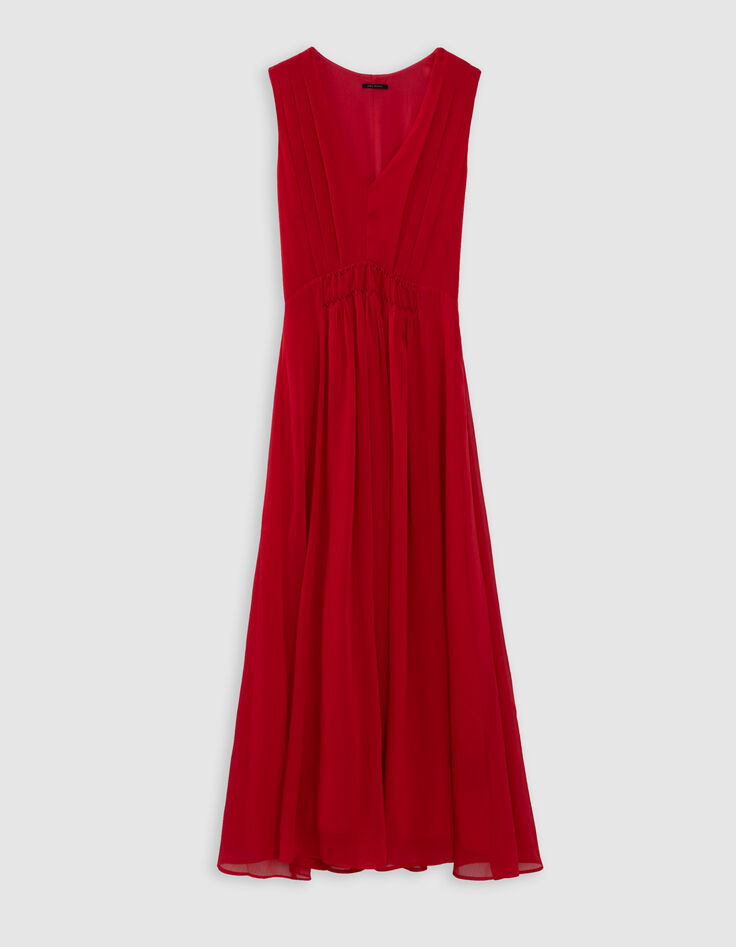 Robe longue rouge détail plissé taille Femme-5