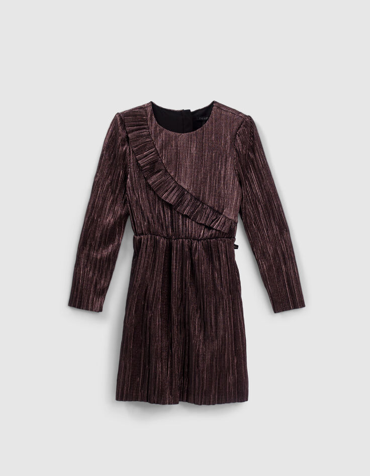 Girls’ pink lamé pleated dress with asymmetric ruffle-1
