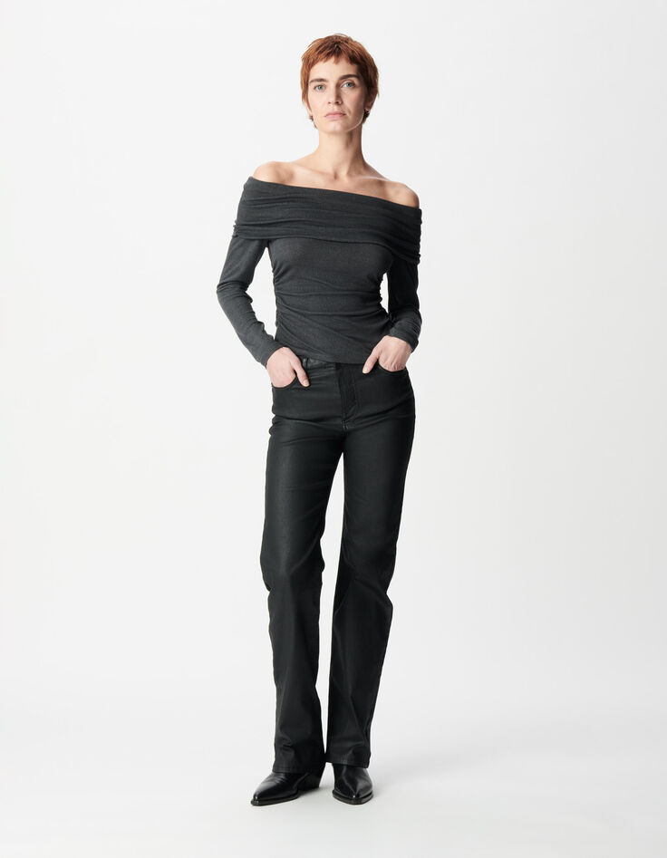 Graues Damen-T-Shirt mit Paillettenbesatz und Bustier-Ausschnitt-1