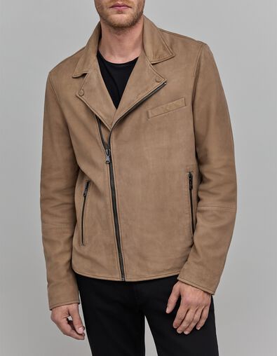 Cazadora biker de piel beige para hombre - IKKS