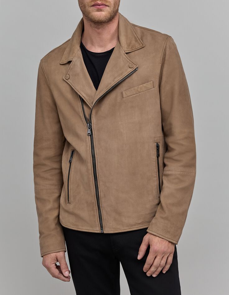 Cazadora biker de piel beige para hombre-1