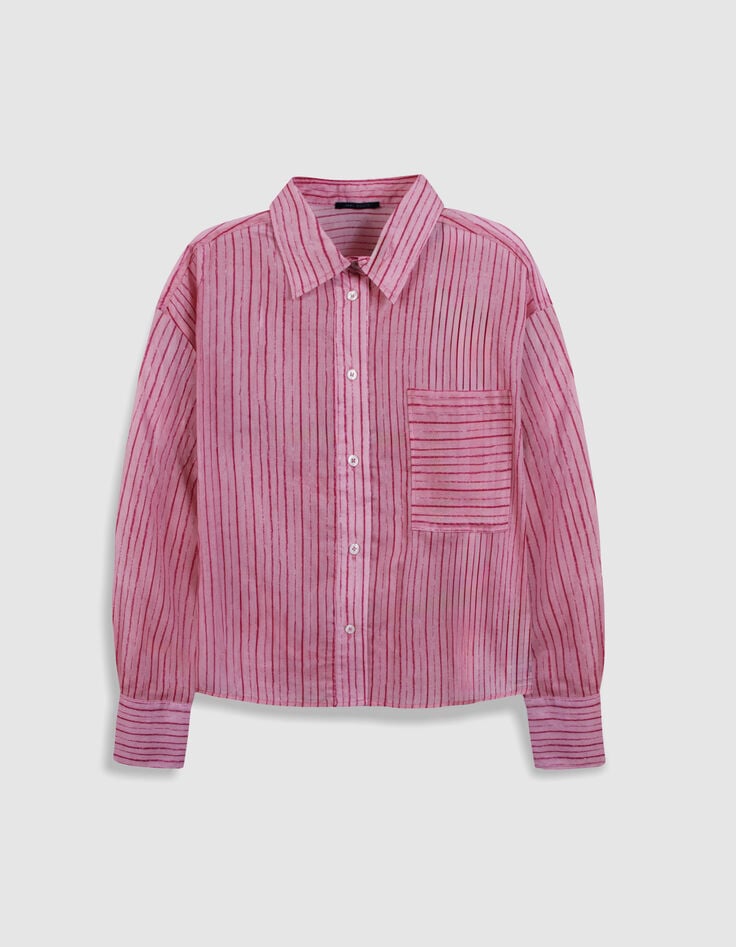 Chemise ray&eacute;e rose et rouge cropped Femme-5