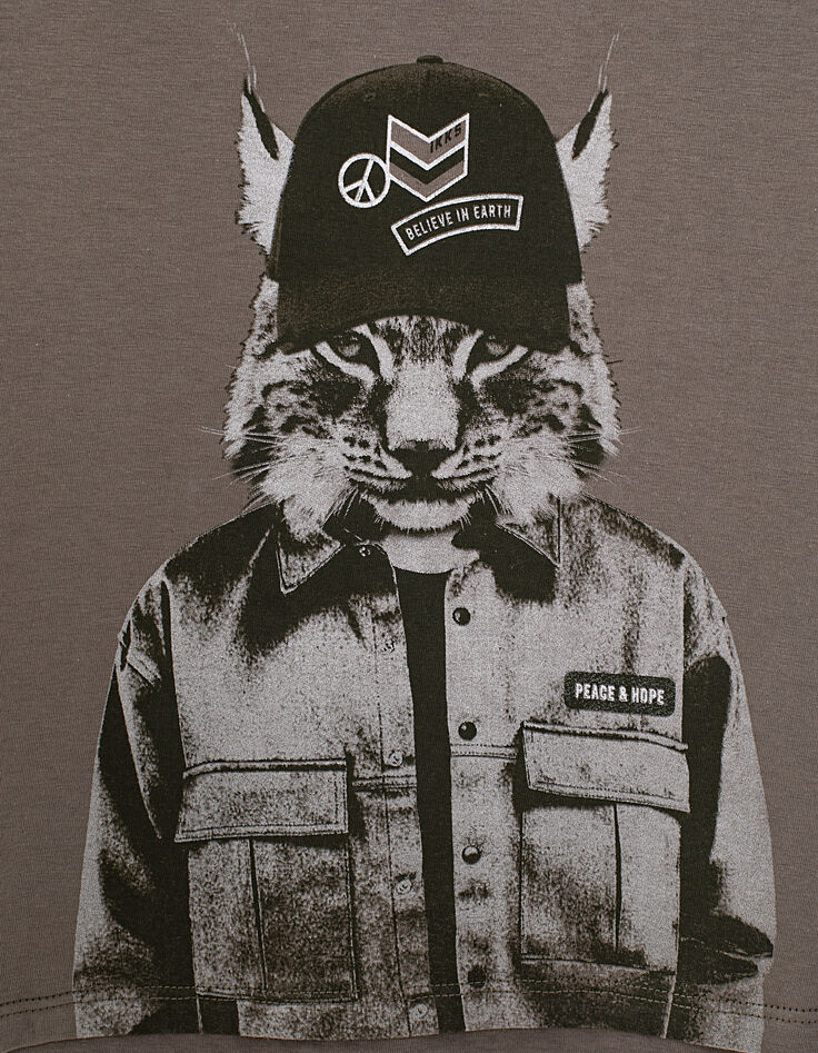 Donkerkaki T-shirt opdruk lynx-pet jongens -4
