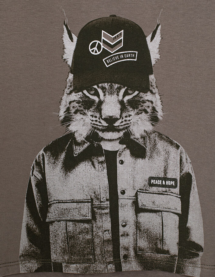Jungen-T-Shirt mit Luchs-Mützen-Motiv in dunklem Khaki  - IKKS