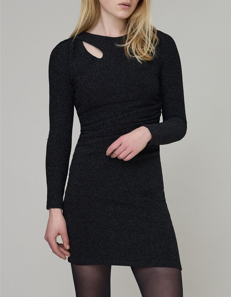 Pure Edition-Robe noire maille lurex col asymétrique Femme-2 Pure Edition-Robe noire maille lurex col asymétrique Femme-2