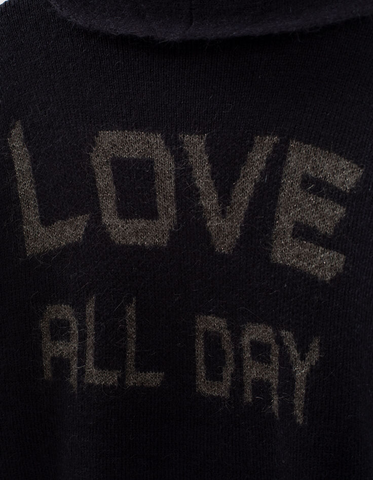 Women’s navy blue knit cardigan with grey intarsia slogan-3 Women’s navy blue knit cardigan with grey intarsia slogan-3