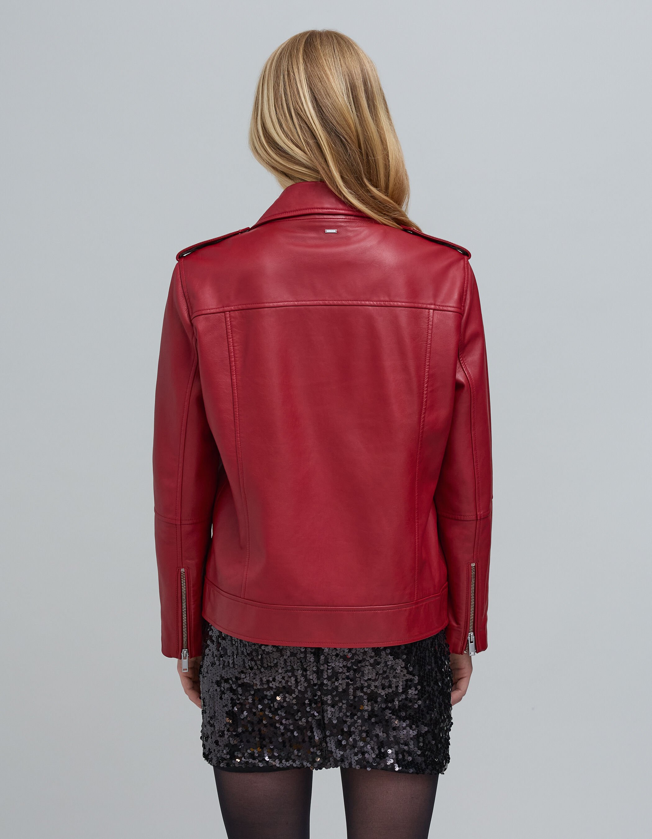 Veste cuir rouge esprit motard poches zippees Femme IKKS