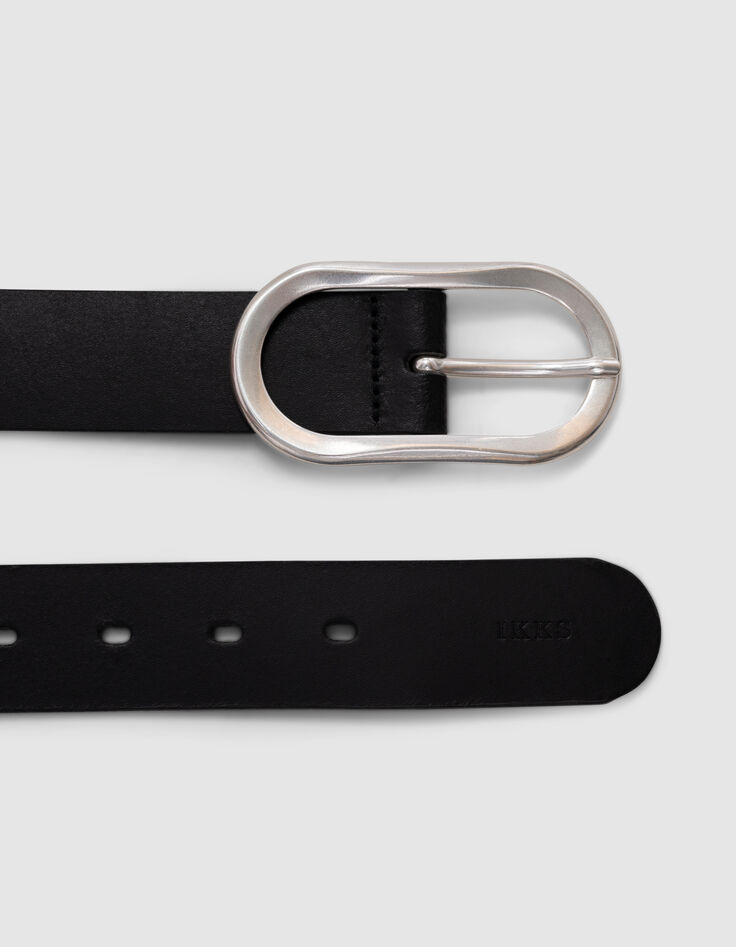 Zwart gladleren damesriem met ovale grijs metalen gesp-2