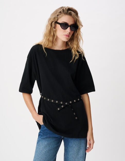 Tee-shirt mi-long noir avec ceinture amovible Femme - IKKS