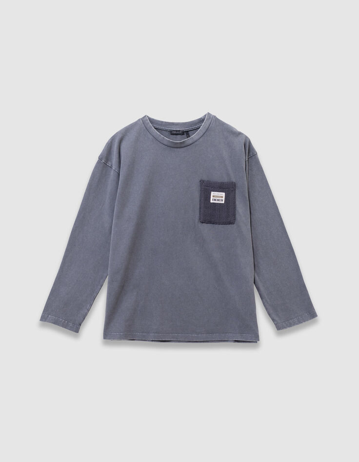 Blauw T-shirt lange mouwen biokatoen tricot zak jongens-5