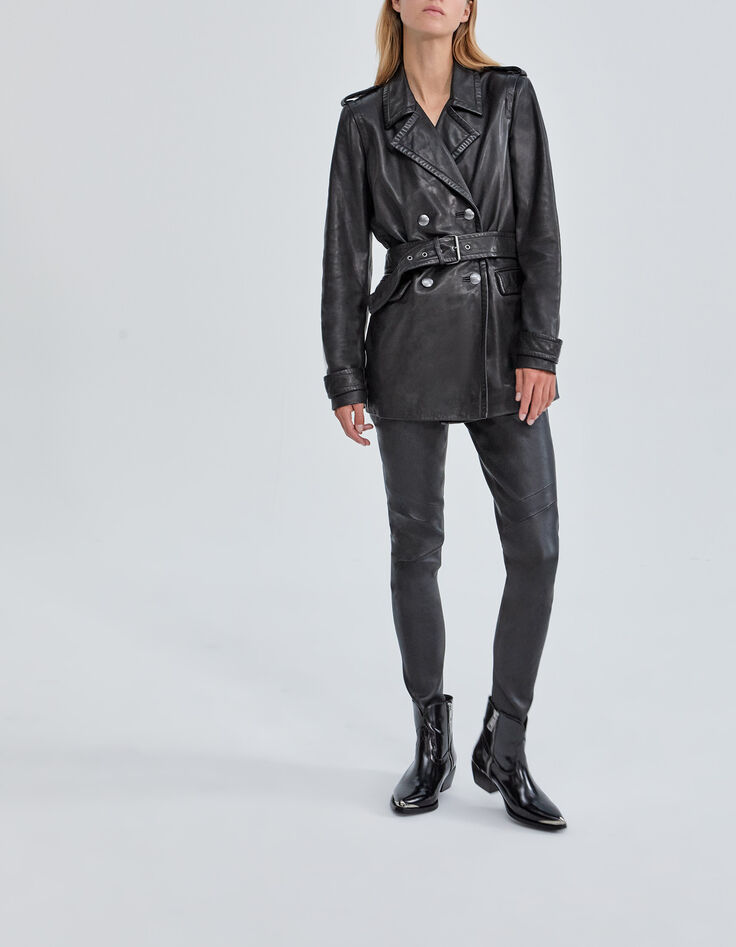 Pure Edition &ndash; Lange, schwarze Damenlederjacke mit G&uuml;rtel-5