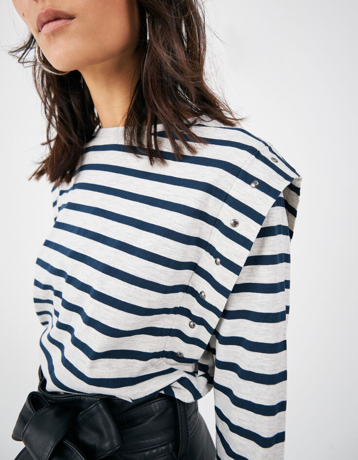 Women’s ecru sailor-stripe T-shirt with studded armholes-3