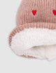 Bonnet rose tricot fourr&eacute; broderies coeurs b&eacute;b&eacute; fille-6