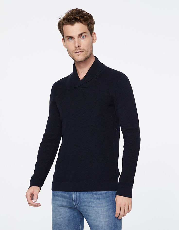 Pull marine tricot losanges reliefés Homme-2