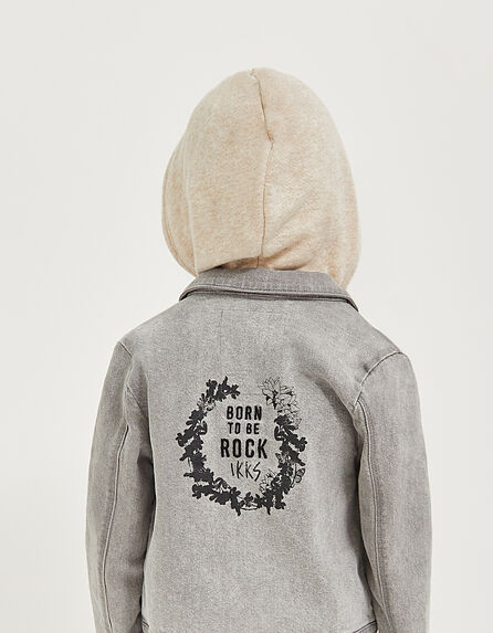 Girls’ light grey organic denim jacket + detachable hood