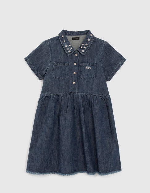 Girls’ blue organic cotton denim dress, embroidered stars - IKKS