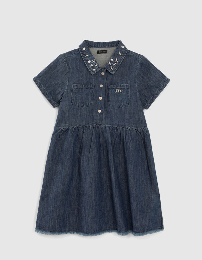 Girls’ blue organic cotton denim dress, embroidered stars - IKKS