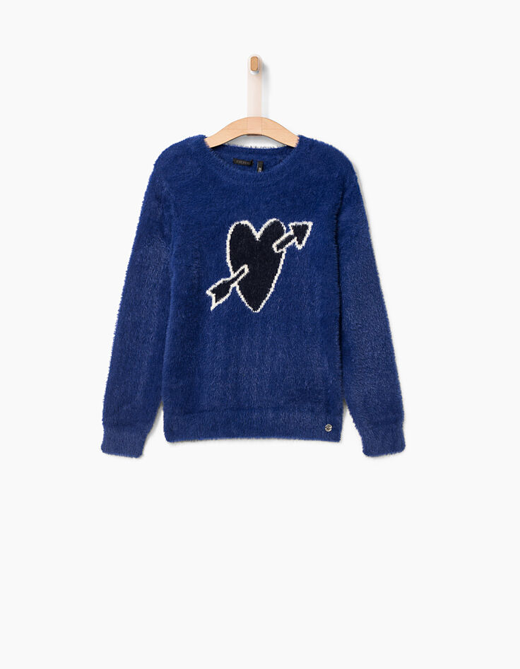 Pull bleu cœur brisé, maille duveteuse fille-2 Pull bleu cœur brisé, maille duveteuse fille-2