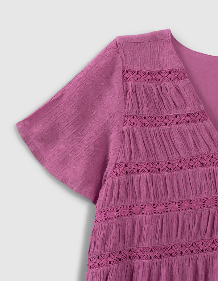 Girls’ violet waffle dress with lace braid - IKKS