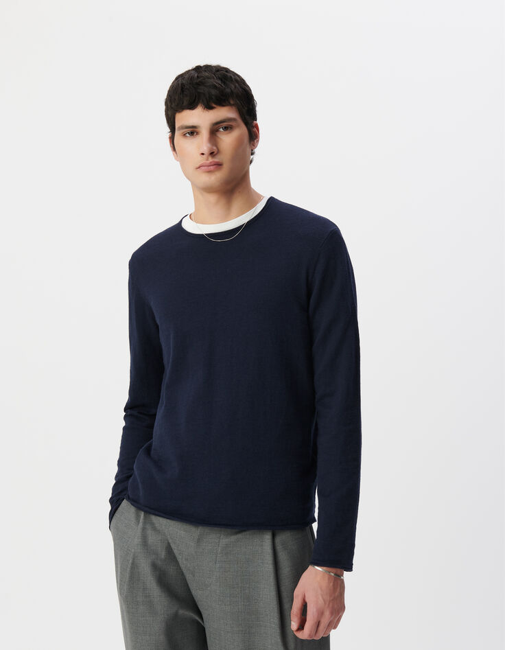 Marineblauer Feinstrick-Pullover für Herren mit Rollkanten-2