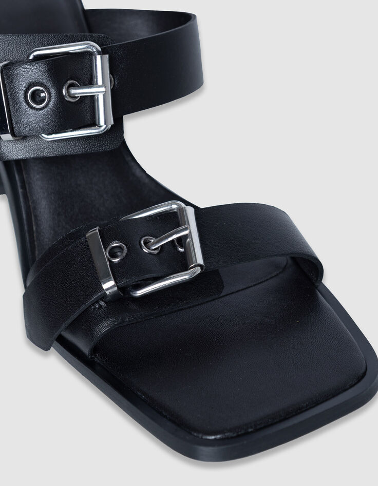 Women's black leather double strap heeled mules-5