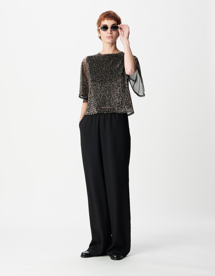 Top noir &agrave; manches 3/4 et col rond pour femme-1