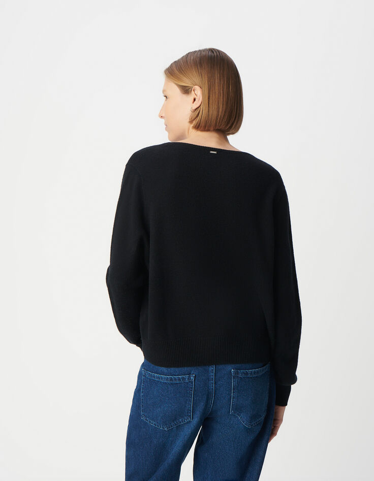Damen Pullover mit V-Ausschnitt aus 100% Wolle, schwarzer Strick-3