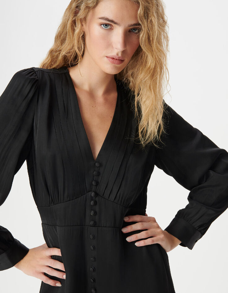 Women's short black satin dress with small buttons-4