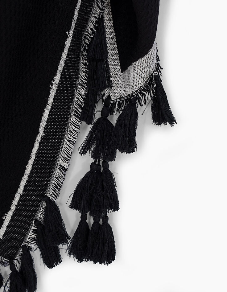 Chèche noir oversize jacquard et pompons femme-3