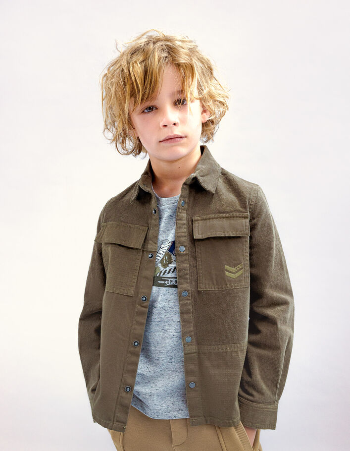 Boys’ khaki corduroy and canvas mixed fabric shirt-8