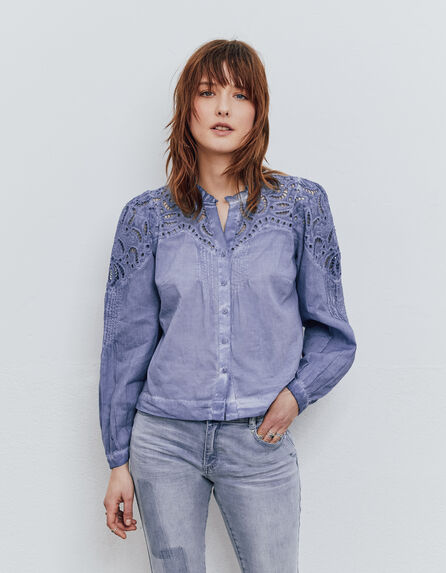 Women’s blue acid-washed blouse with embroidery
