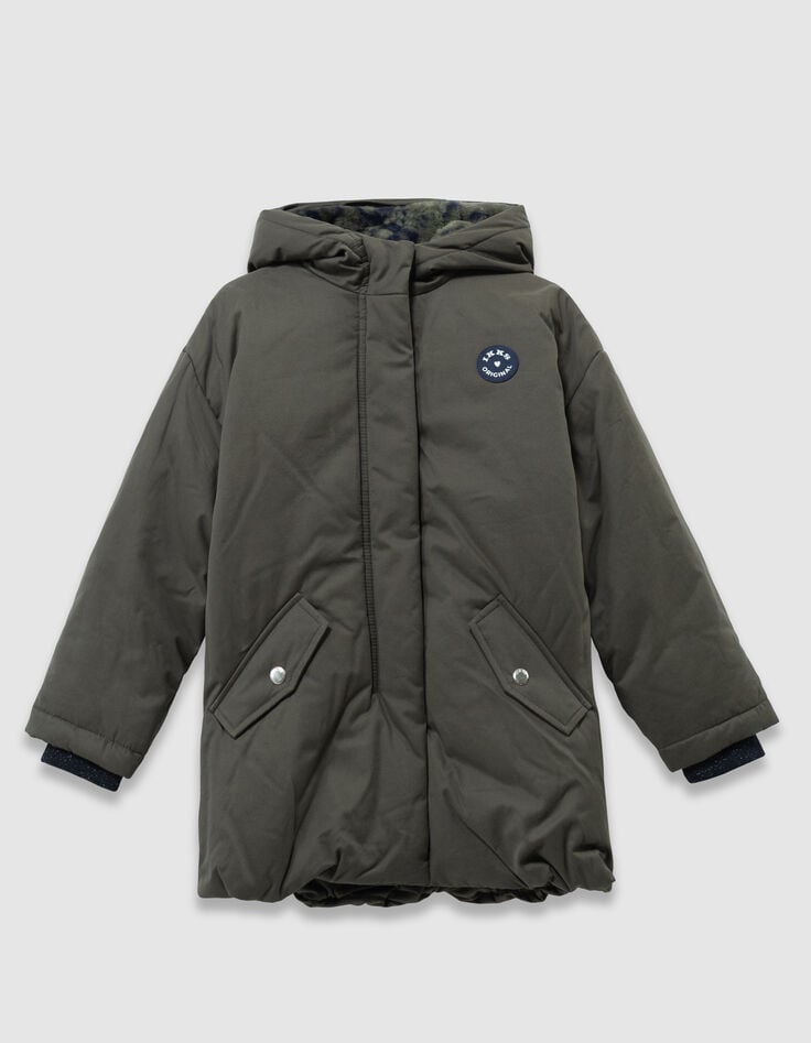 Girls’ khaki fur-lined parka with leopard-heart motif-1 Girls’ khaki fur-lined parka with leopard-heart motif-1