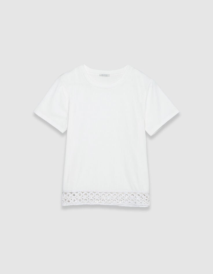 Tee-shirt col rond blanc d&eacute;tail crochet et sequins Femme-5