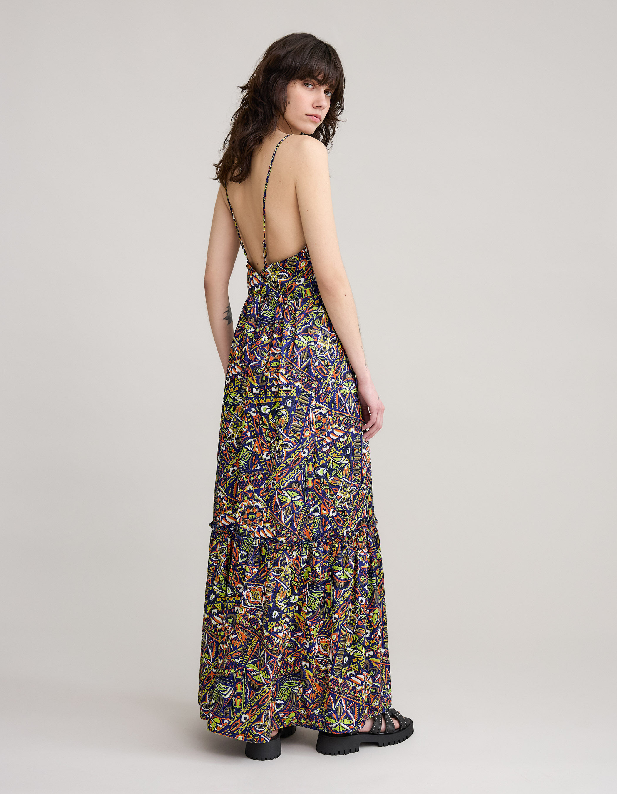 Robe bleue polyester recycle graphique ethnique Femme IKKS