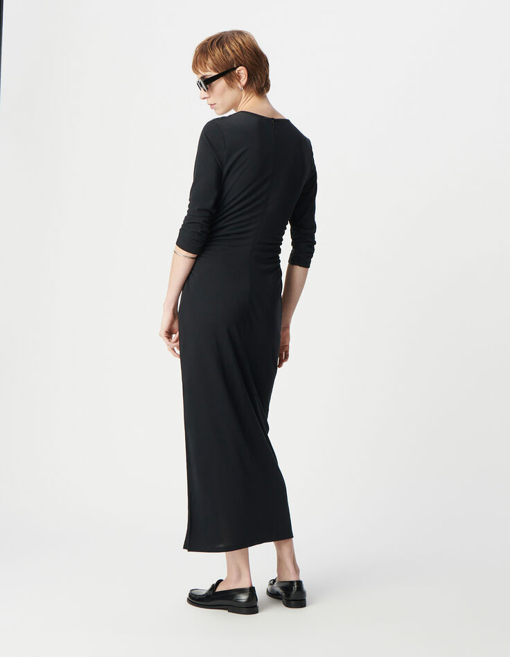 Schwarzes Abendkleid mit seitlichen Raffungen und strassbesetzten Schultern Damen-3