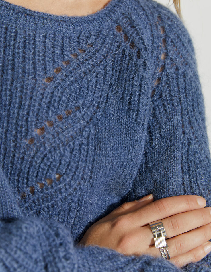 Pull en maille ajourée bleu ardoise col roulotté femme-4