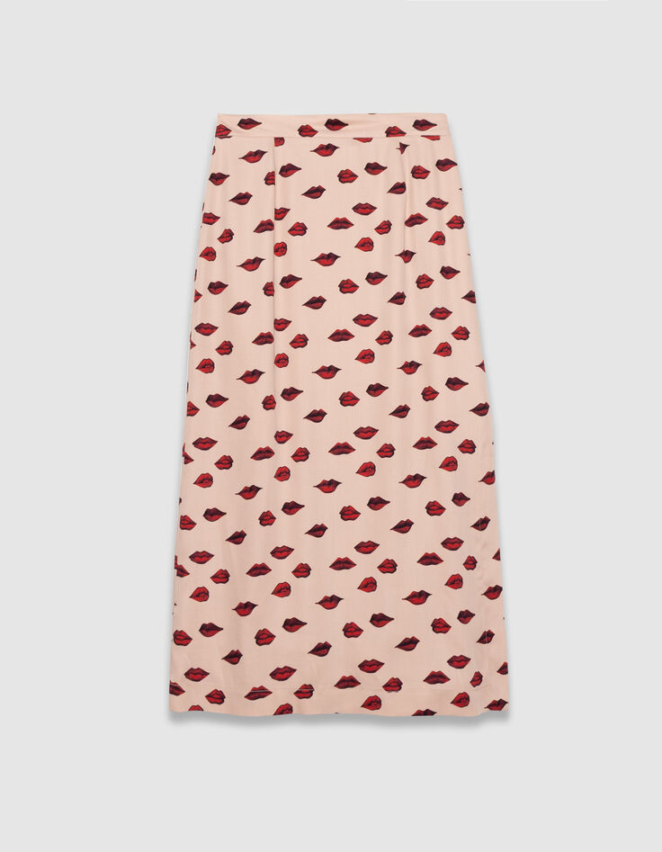 Jupe midi rose satiné imprimé bouches Femme-5 Jupe midi rose satiné imprimé bouches Femme-5