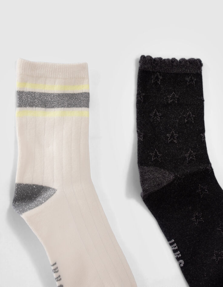Gerippte Mädchensocken in Grau und Cremeweiß-4